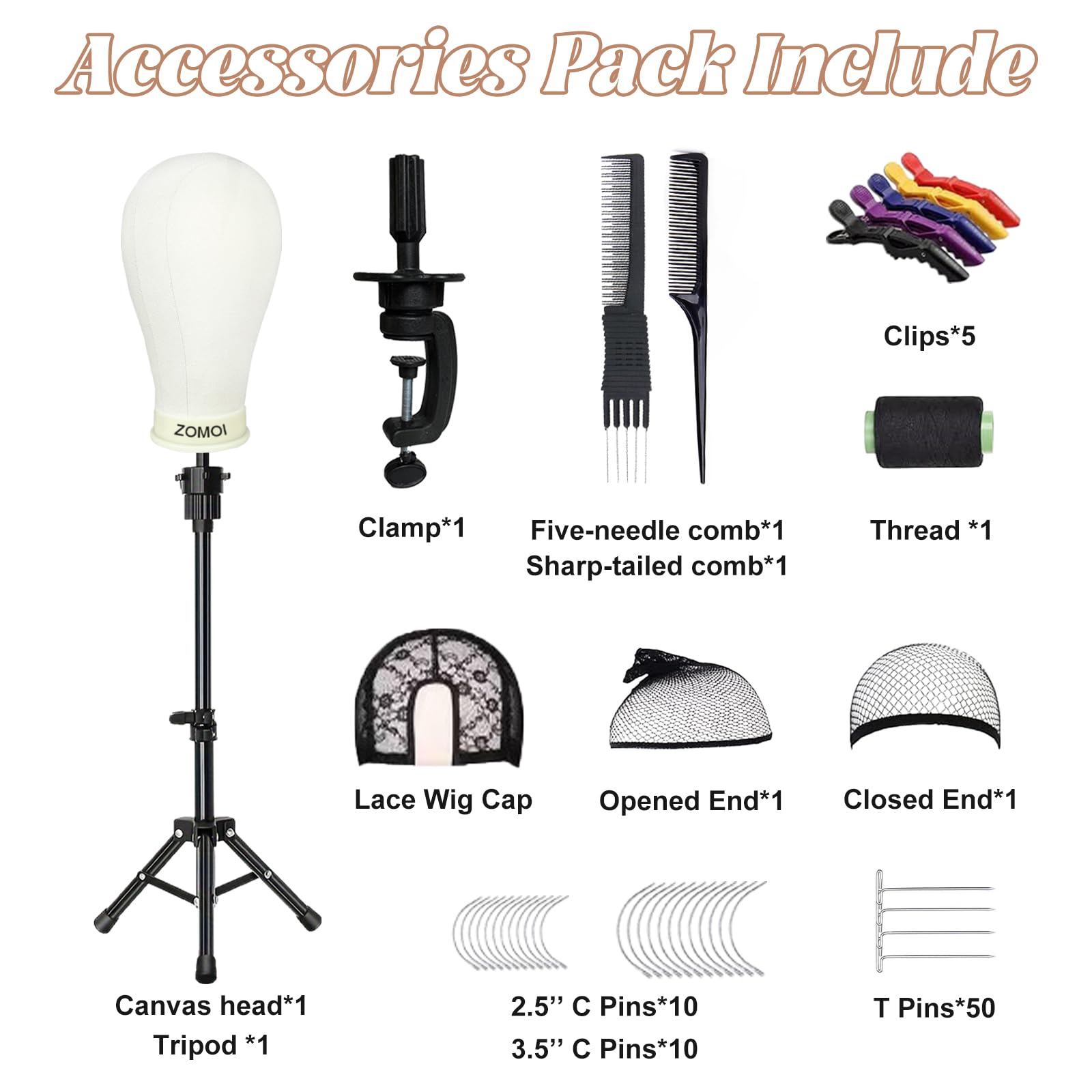 ZOMOI T-pins 50-pack secure wig components during construction and styling.