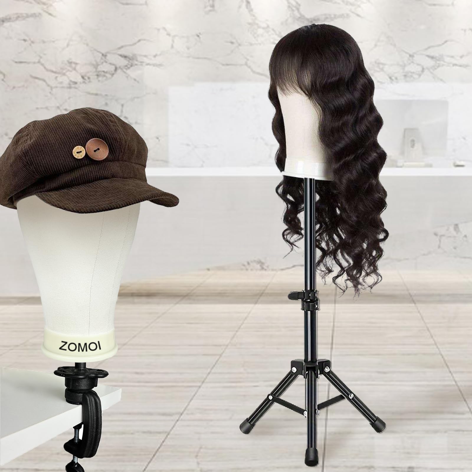 ZOMOI wig stand tripod base stabilizes the head for styling tasks.