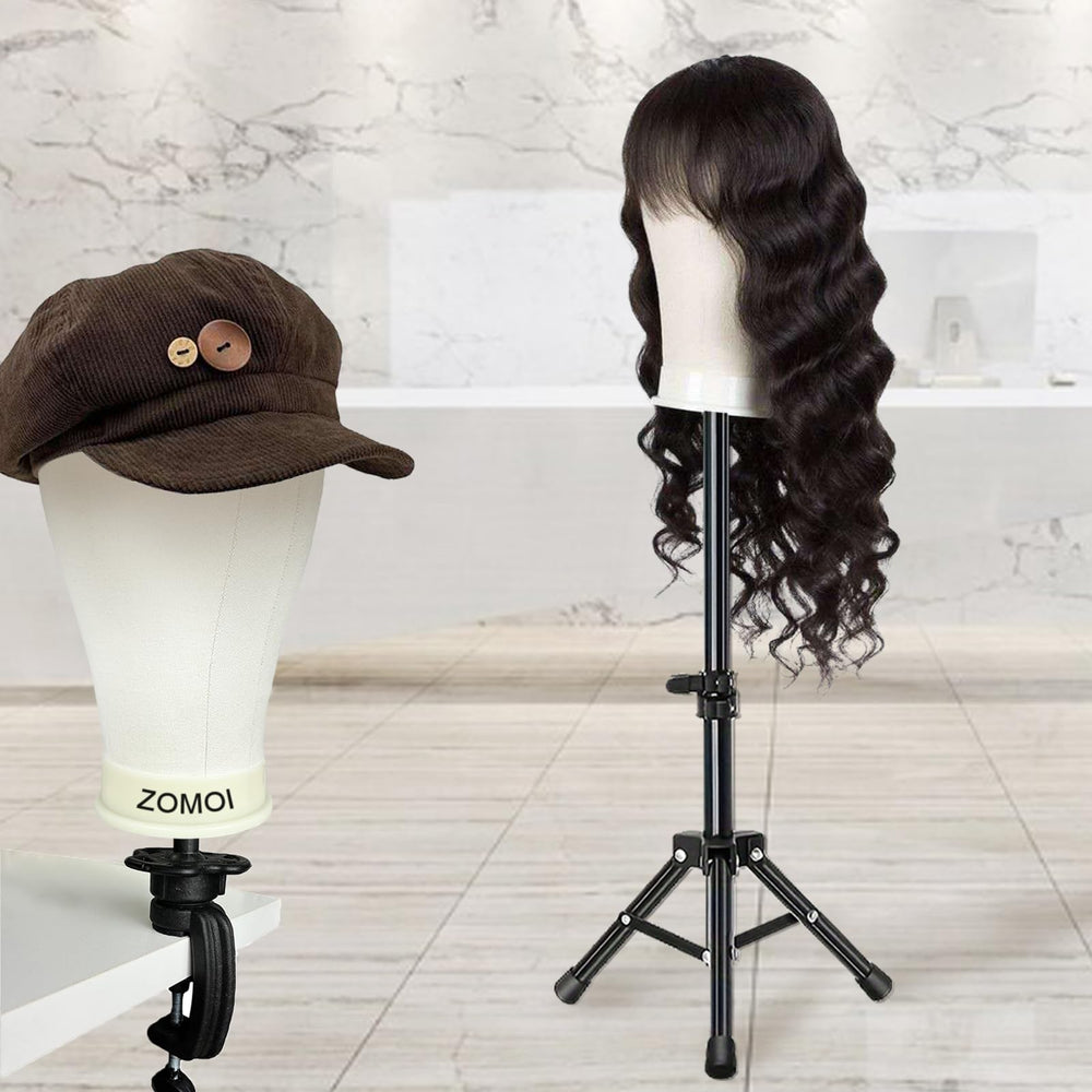 ZOMOI wig stand tripod base stabilizes the head for styling tasks.