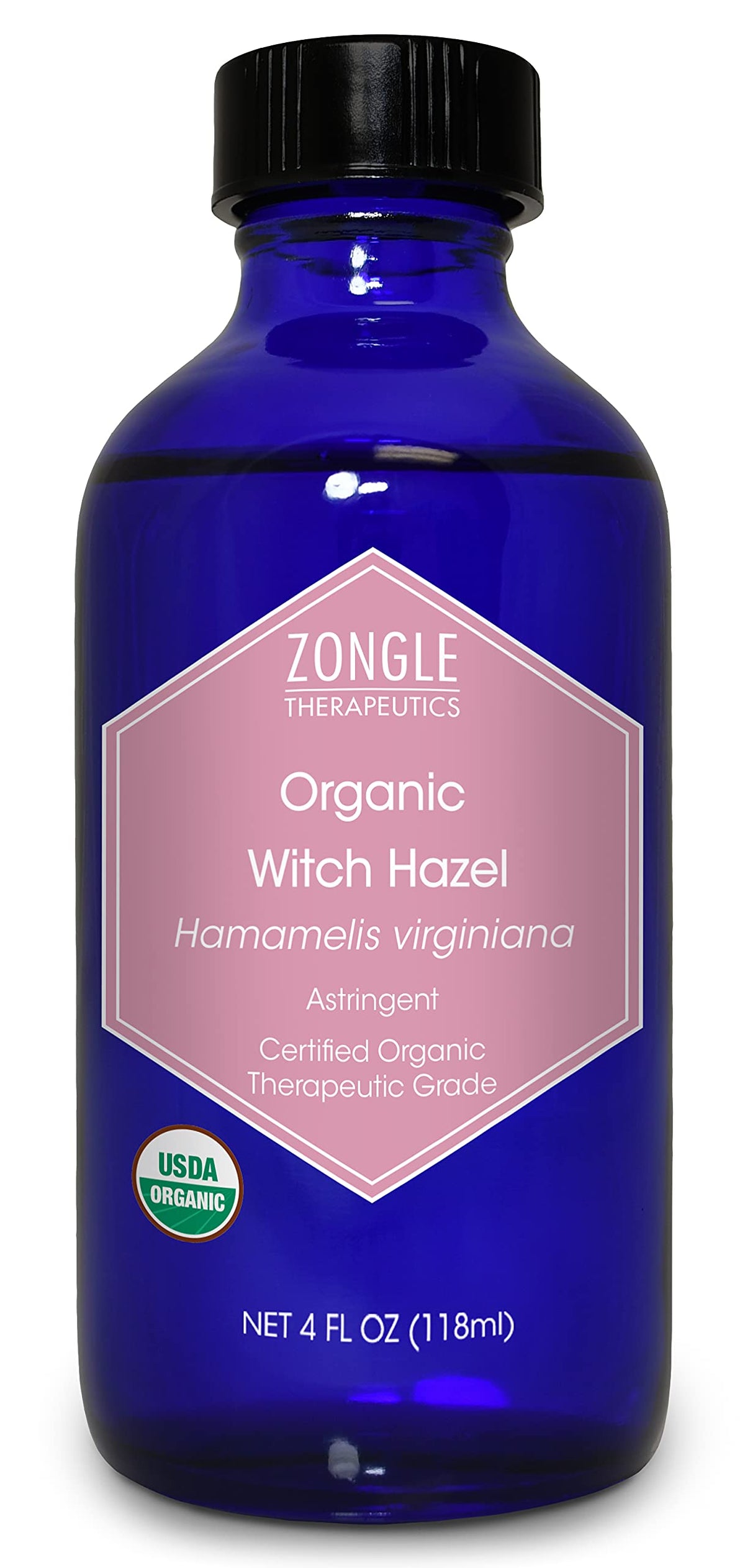 Zongle Therapeutics Witch Hazel bottle shows pure organic formula for gentle skin care.