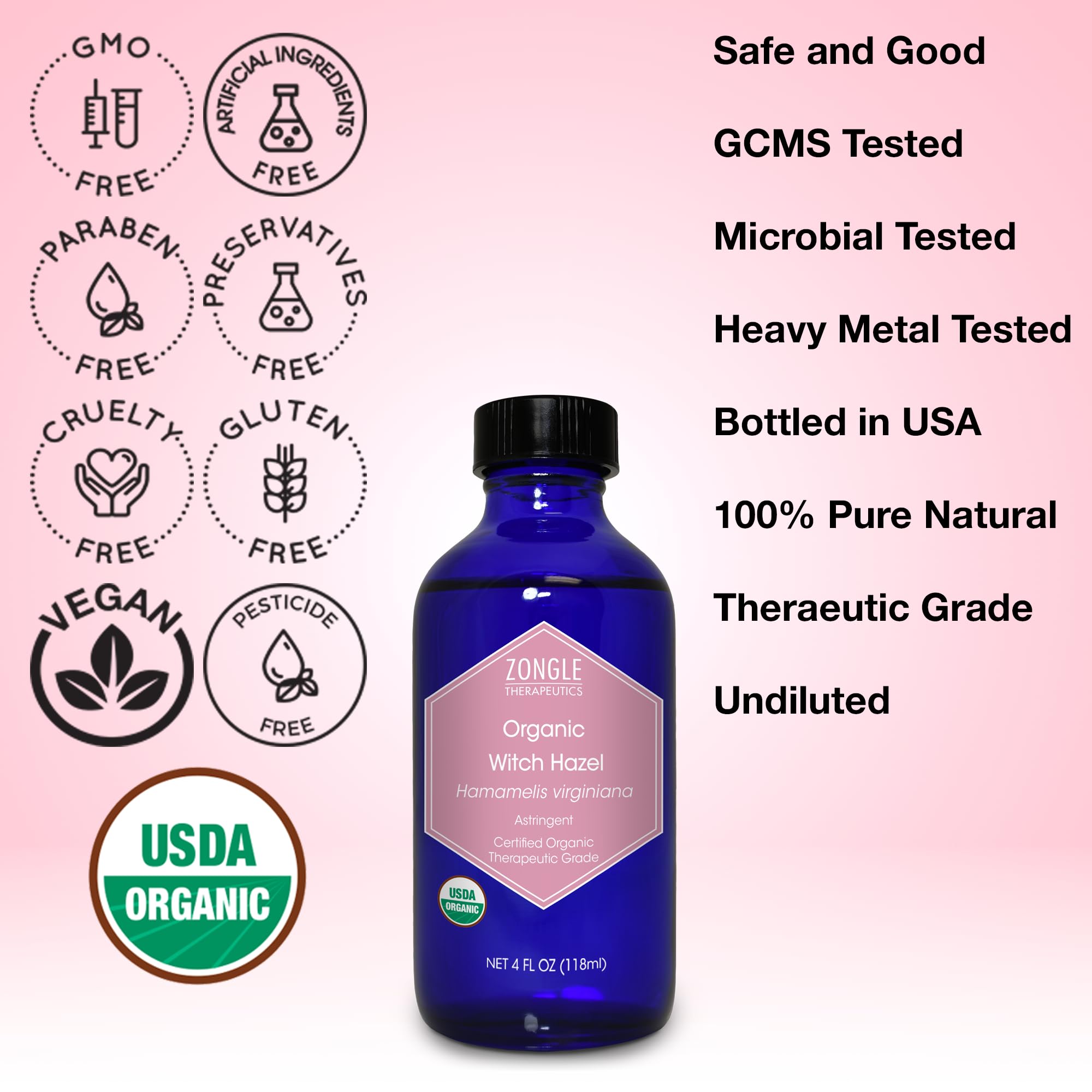 Zongle Therapeutics Witch Hazel glass bottle emphasizes premium distillation for undiluted clarity.