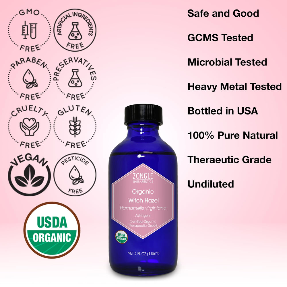 Zongle Therapeutics Witch Hazel glass bottle emphasizes premium distillation for undiluted clarity.