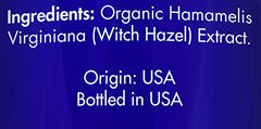 Zongle Therapeutics Witch Hazel ingredients label highlights organic, preservative-free purity for sensitive skin.