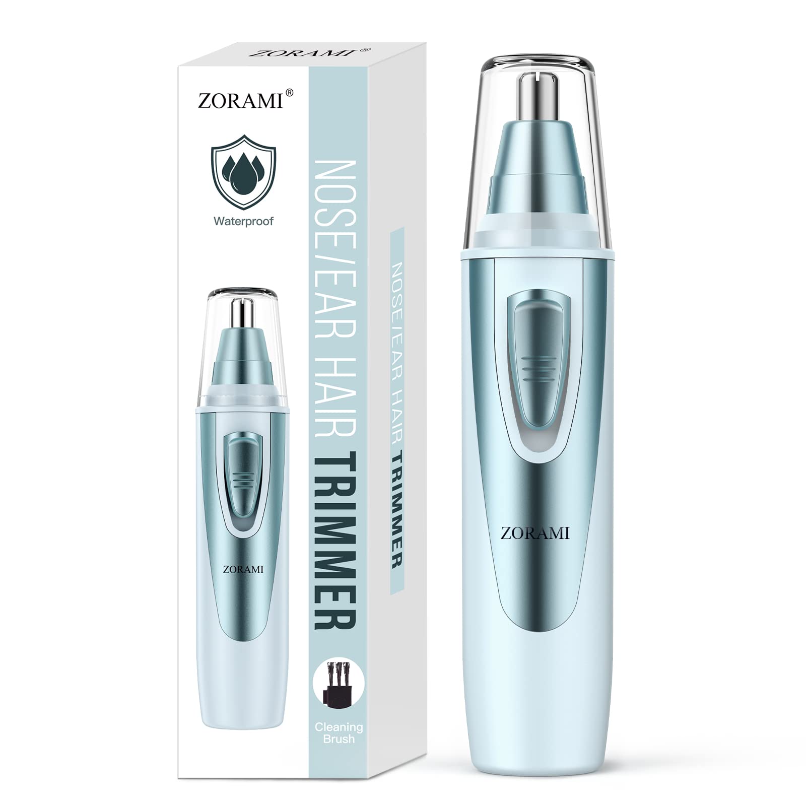 ZORAMI ear-nose-trimmer-hero-blue shows versatile grooming for nose, ears, and brows on the go.