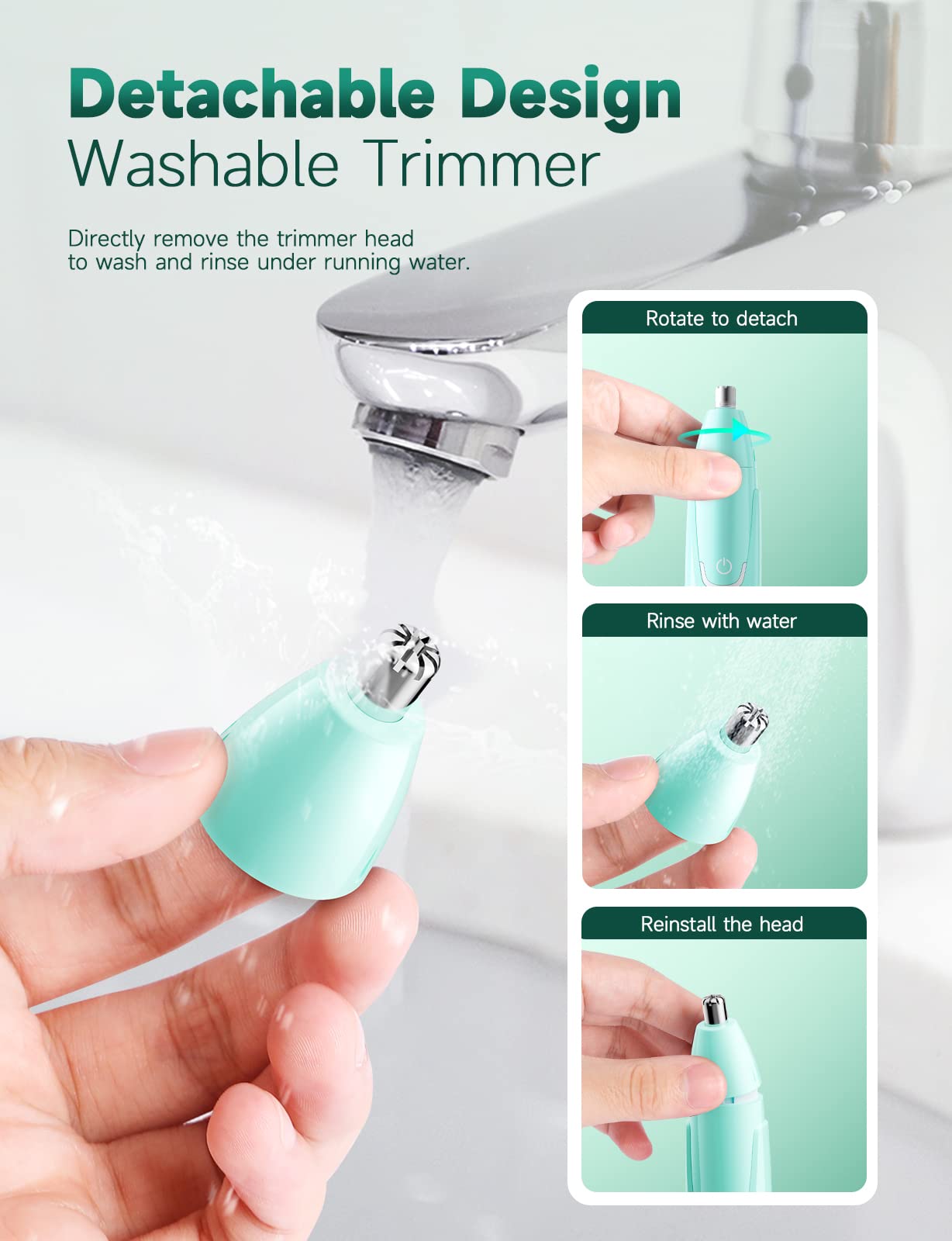 ZORAMI mint-green handheld trimmer in hand for everyday grooming.