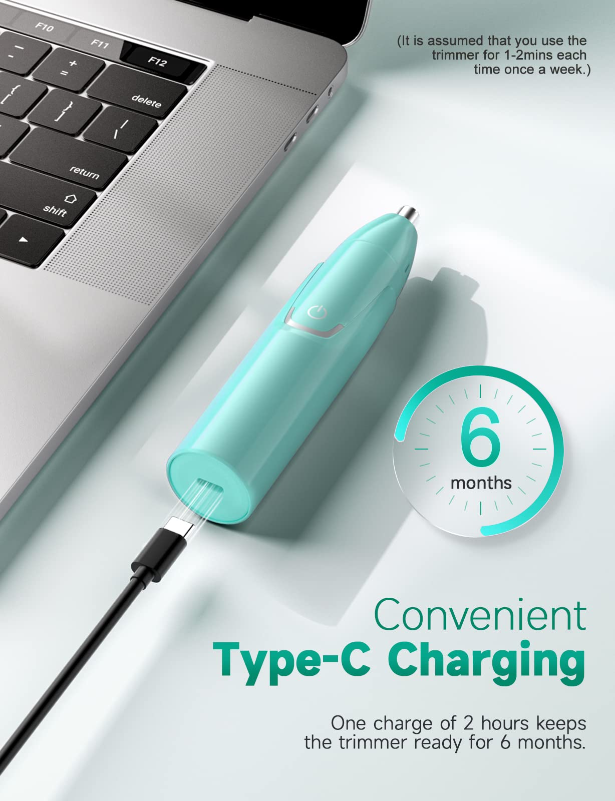 ZORAMI rechargeable ear-nose trimmer charging via USB-C for on-the-go power.