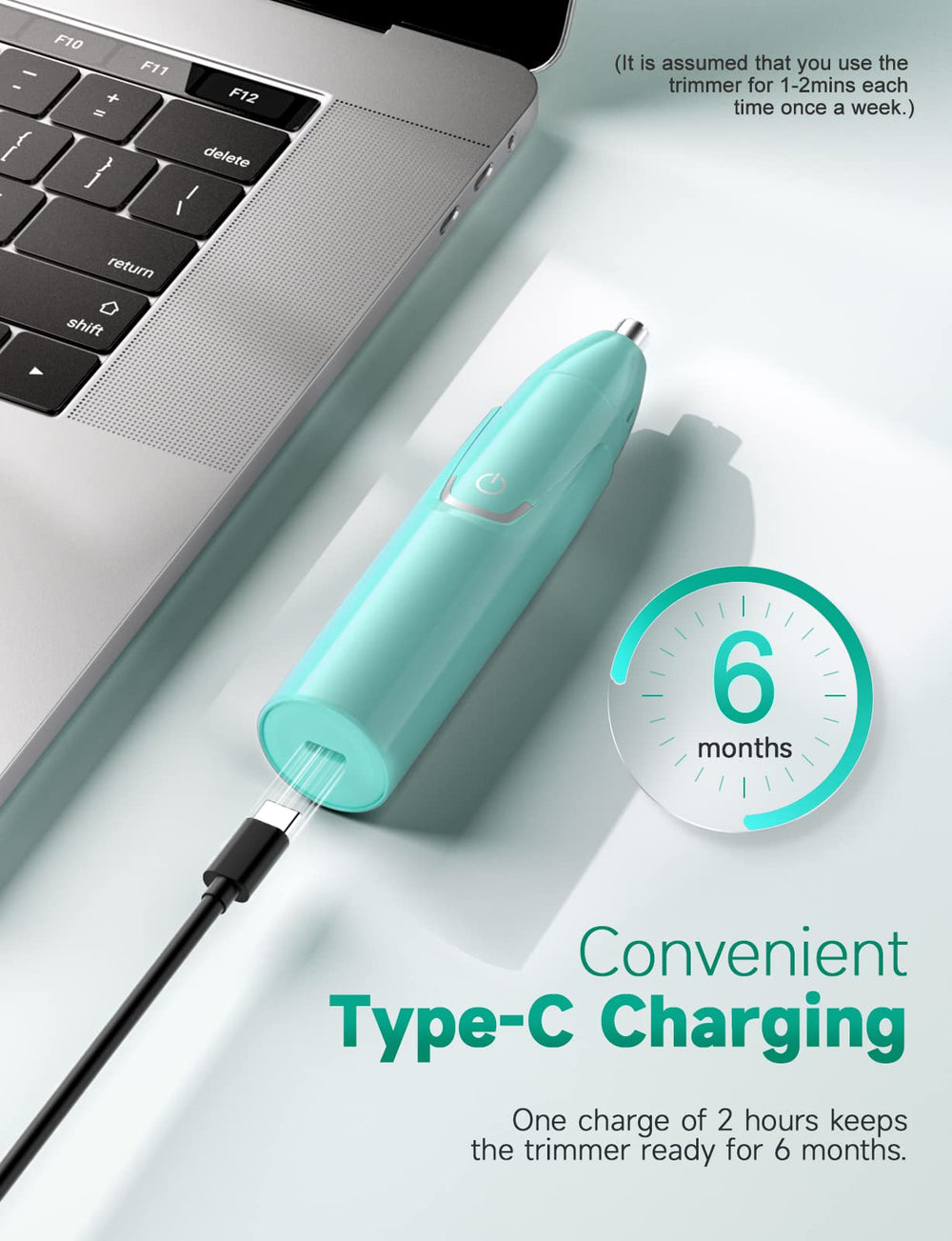 ZORAMI rechargeable ear-nose trimmer charging via USB-C for on-the-go power.