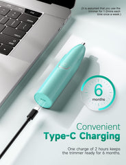 ZORAMI rechargeable ear-nose trimmer charging via USB-C for on-the-go power.