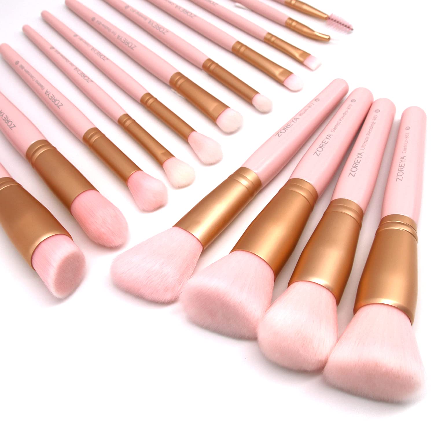 ZOREYA makeup brush set in pink cover for organized, beginner-friendly routine.
