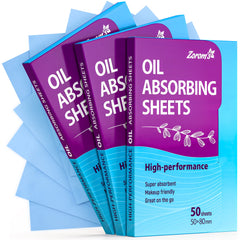 Zorom's oil absorbing sheets shown in a dispenser for quick shine control on the go