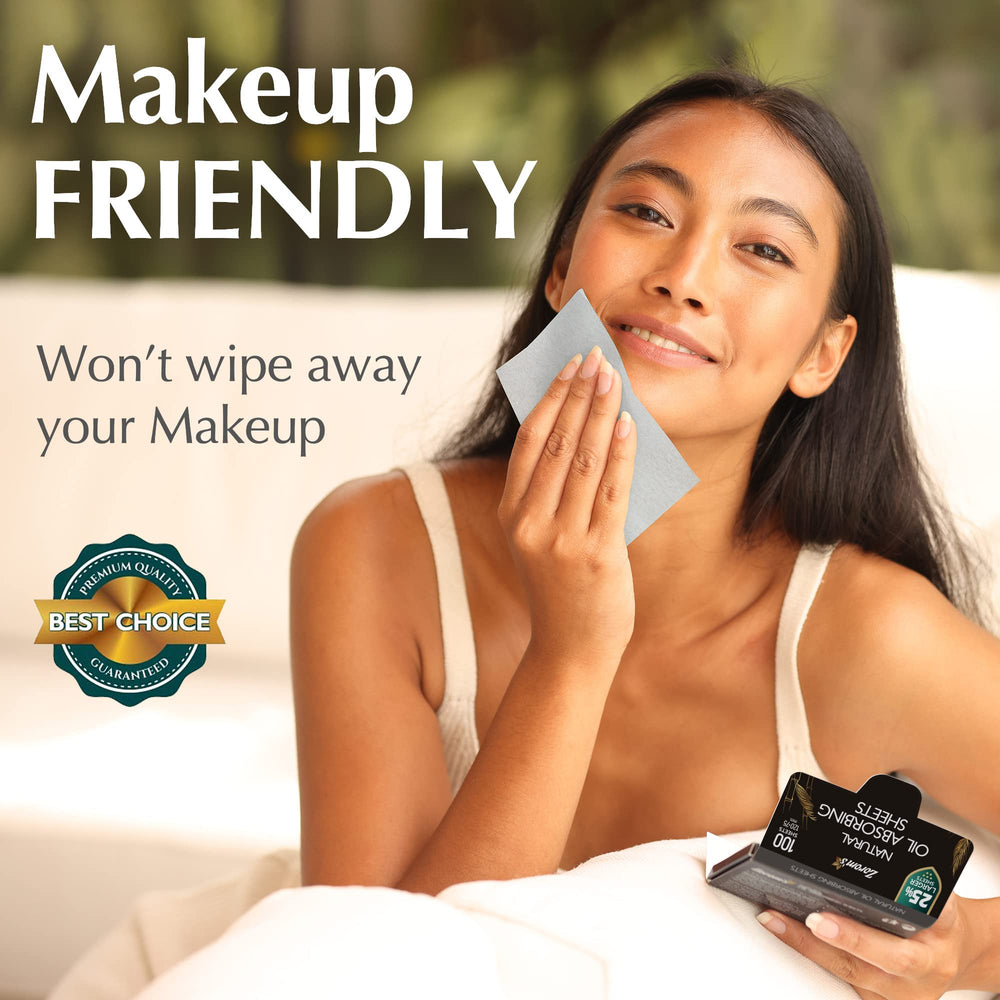 Makeup-friendly blotter removes shine without disturbing foundation glow.