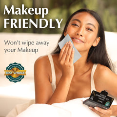 Makeup-friendly blotter removes shine without disturbing foundation glow.