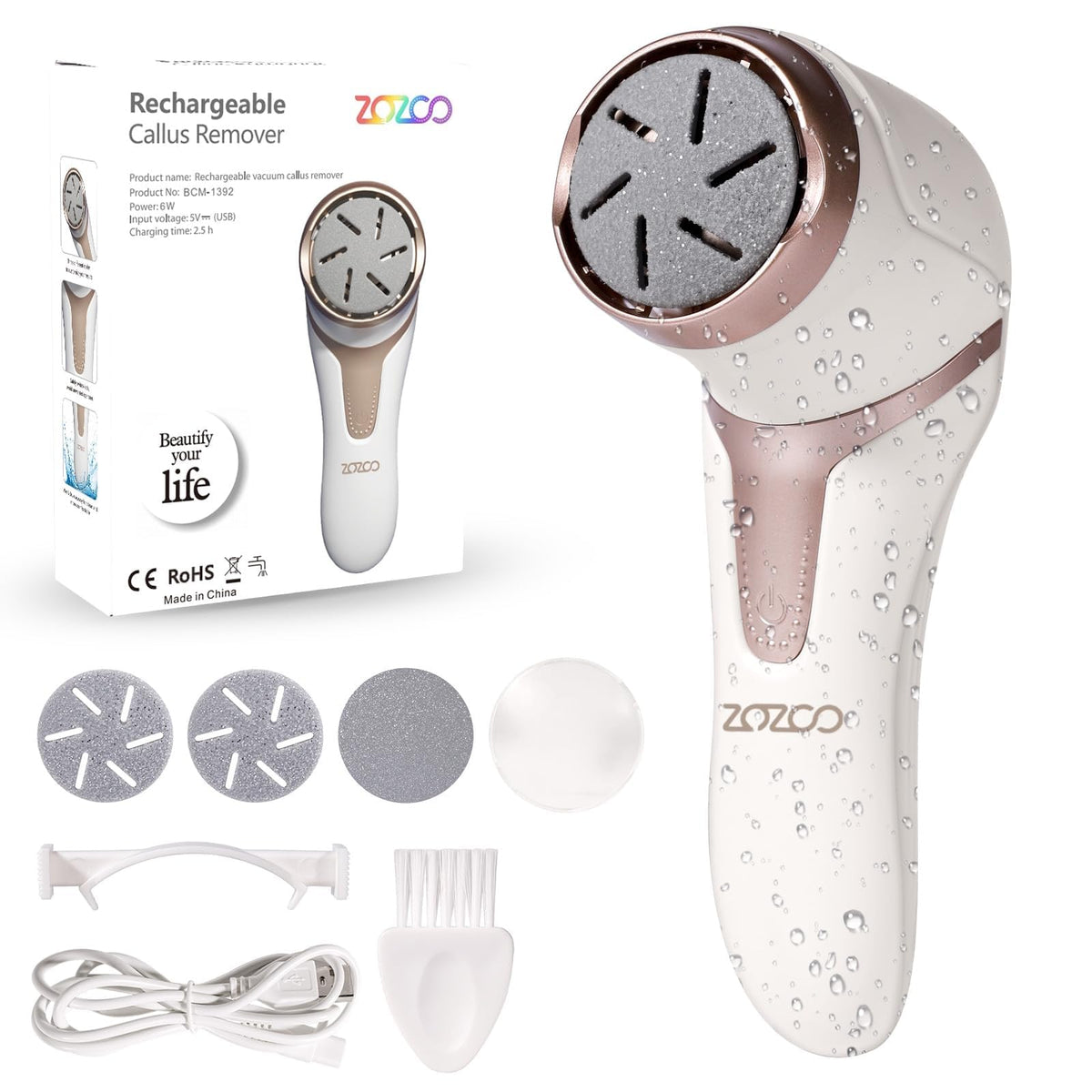 ZOZOO Electric Foot Callus Remover with three roller heads smoothing heels and soles.
