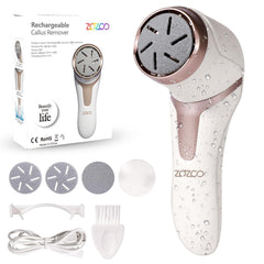 ZOZOO Electric Foot Callus Remover with three roller heads smoothing heels and soles.