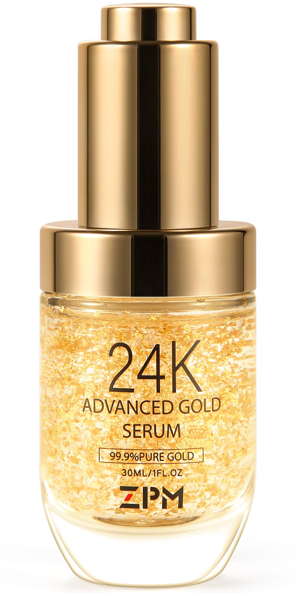 ZPM 24K gold foil serum bottle for radiant hydration and anti-aging benefits.