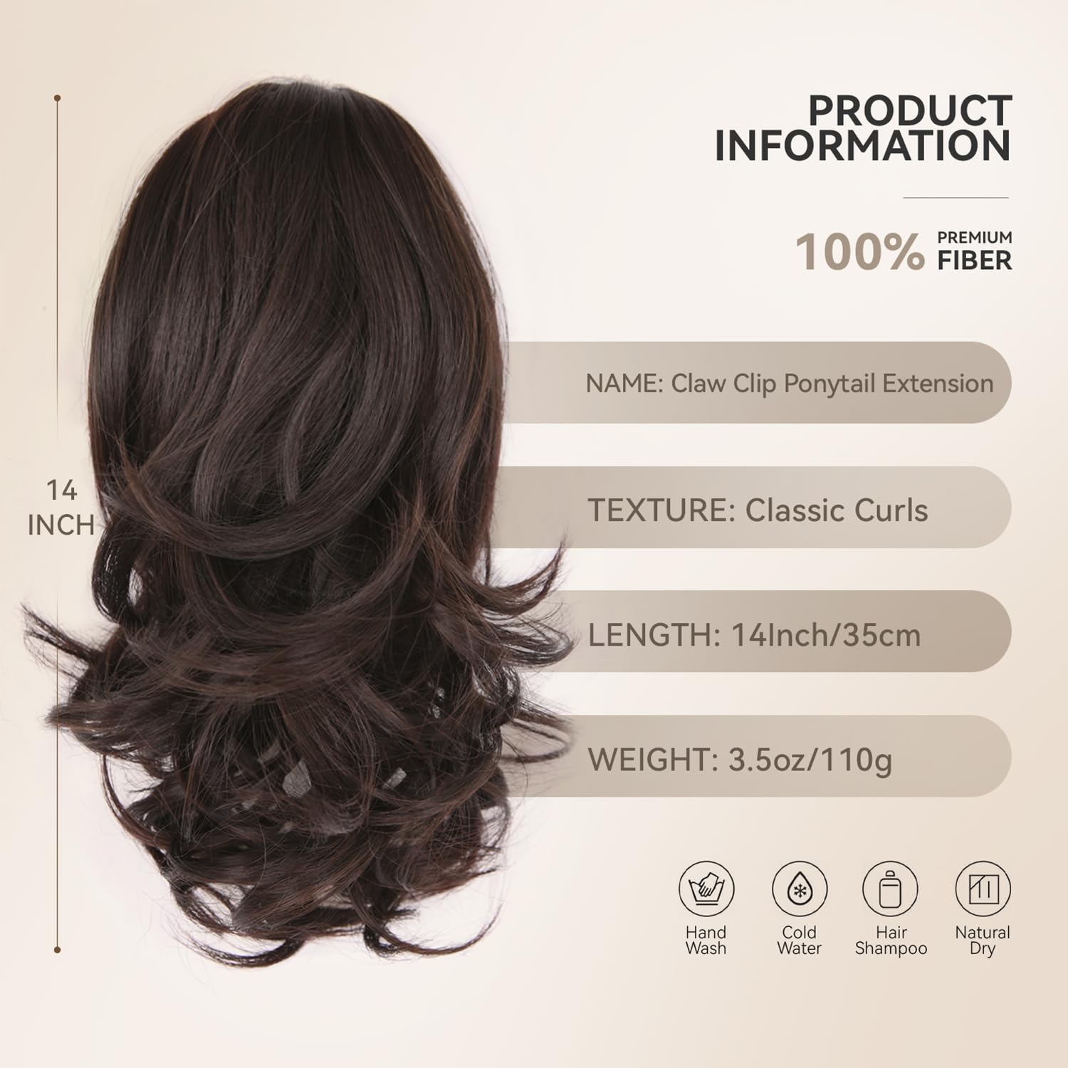 ZQIAN BEAUTY Clip in Ponytail brown 14inch wavy texture for natural volume