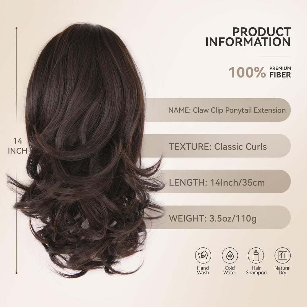 ZQIAN BEAUTY Clip in Ponytail brown 14inch wavy texture for natural volume
