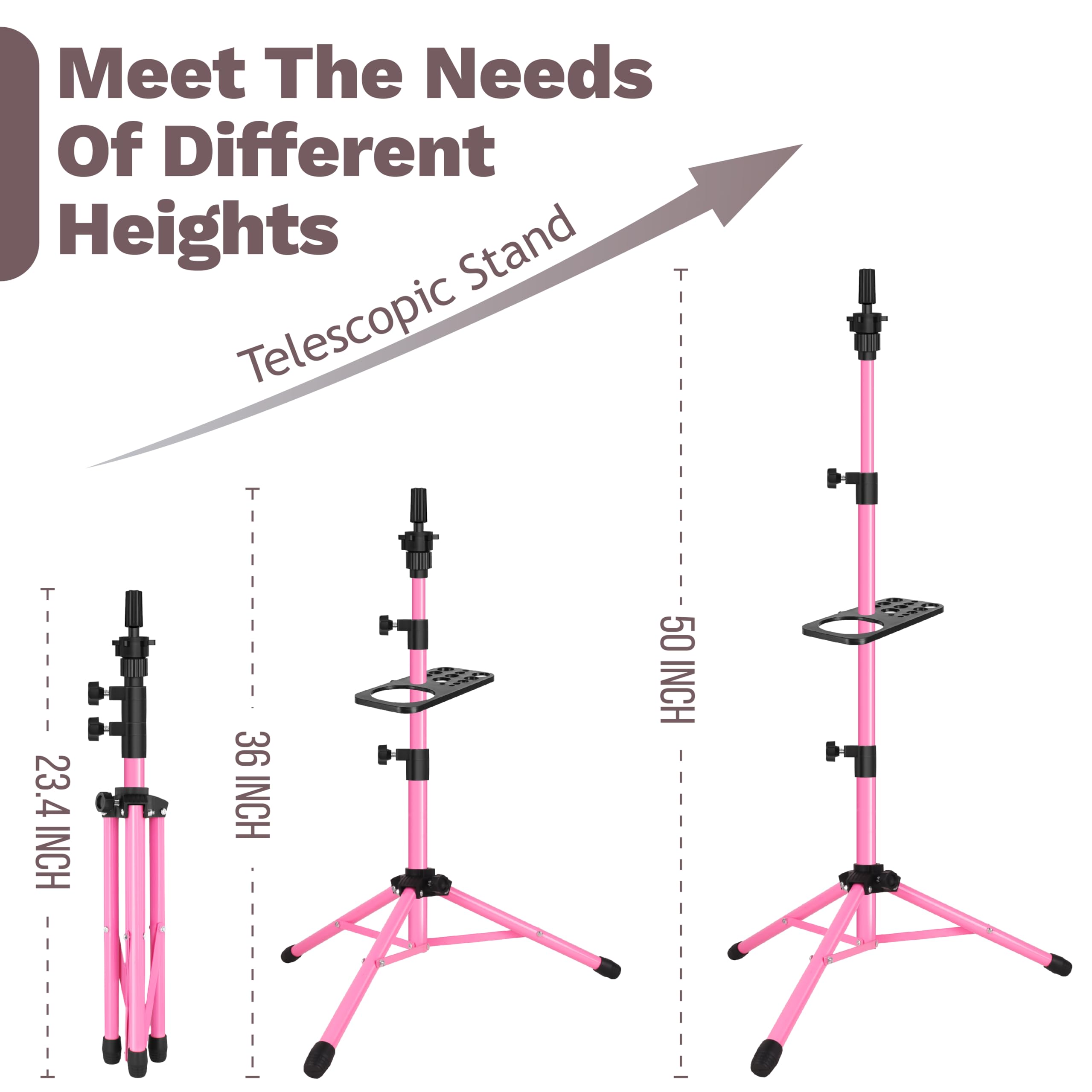 ZQIAN BEAUTY wig stand tripod adjustable height demonstrates 50-inch reach for versatile styling setups