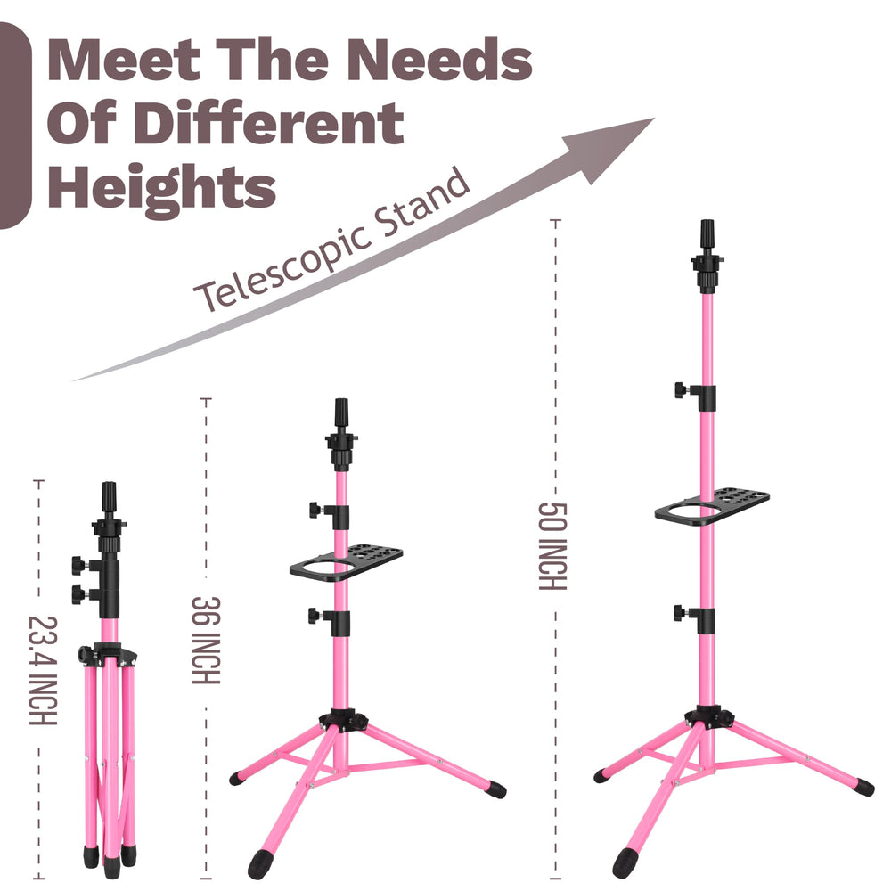 ZQIAN BEAUTY wig stand tripod adjustable height demonstrates 50-inch reach for versatile styling setups