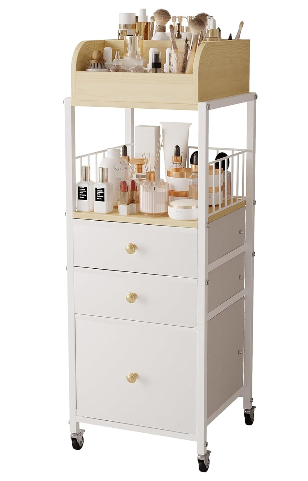 ZQUYAJ makeup organizer cart with drawers in white for easy vanity storage.