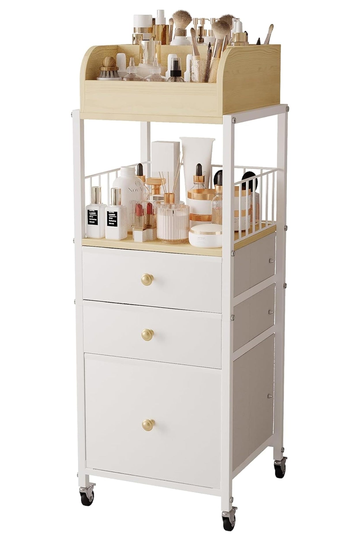 ZQUYAJ makeup organizer cart with drawers in white for easy vanity storage.
