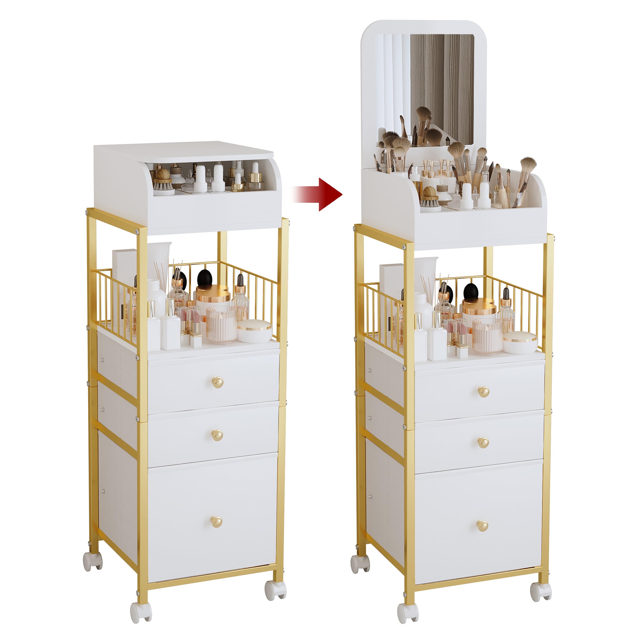 ZQUYAJ makeup cart organizer with mirror offers built-in vanity mirror for quick makeup checks.