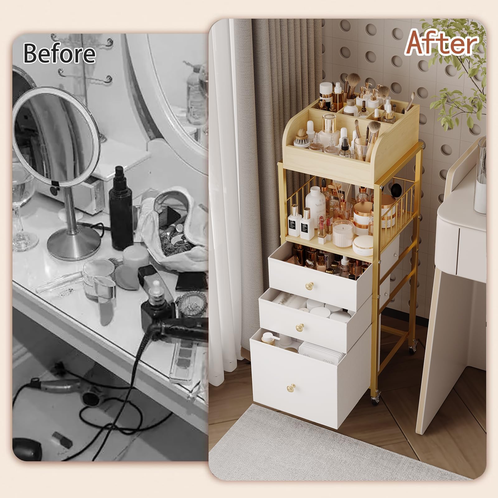 ZQUYAJ makeup organizer cart gold finish elevates decor while organizing skincare and makeup.