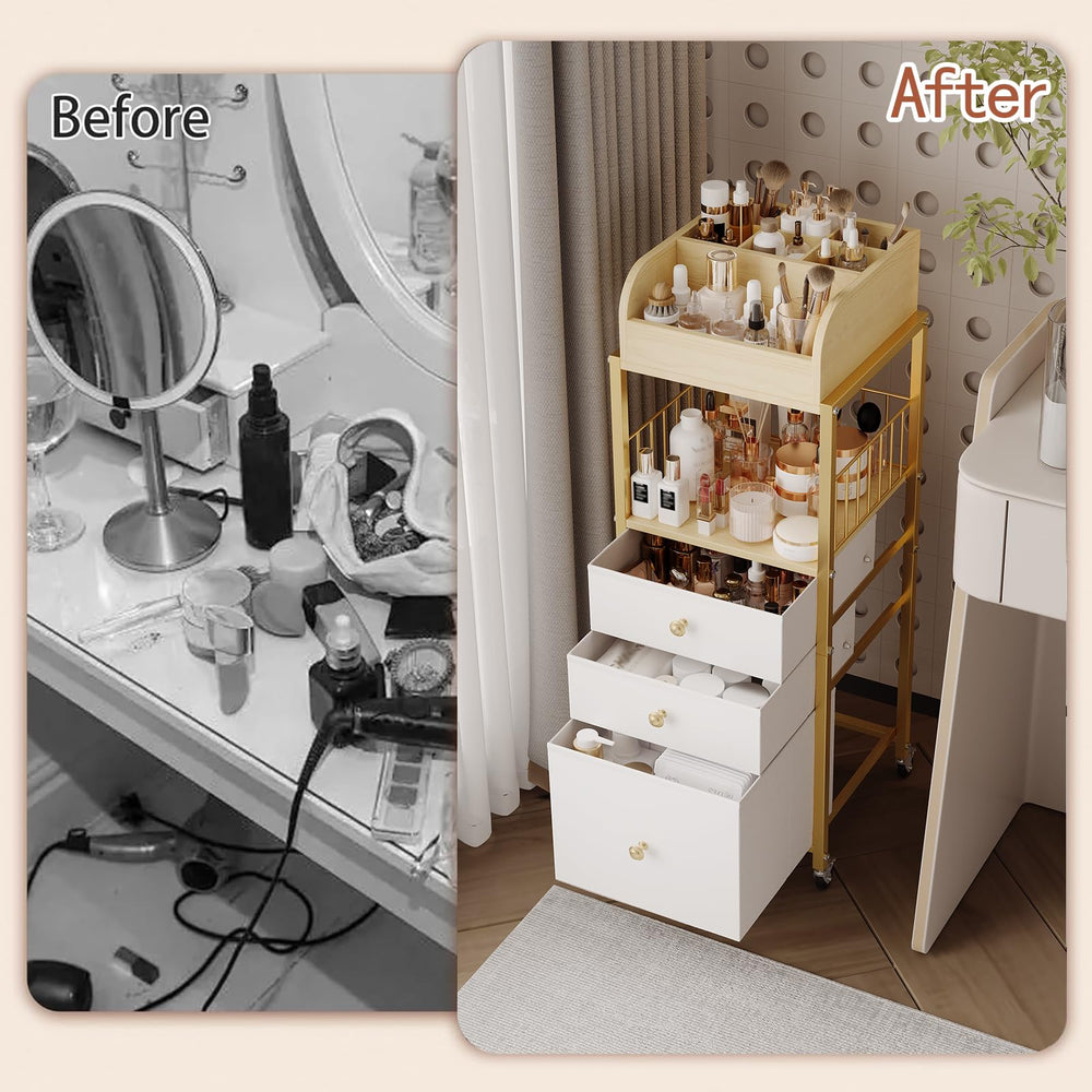 ZQUYAJ makeup organizer cart gold finish elevates decor while organizing skincare and makeup.