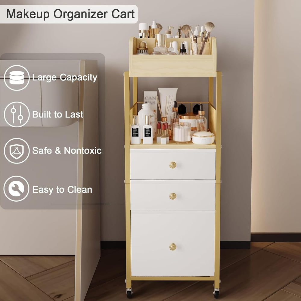 ZQUYAJ makeup organizer cart side view highlights vanity-friendly gold finish.