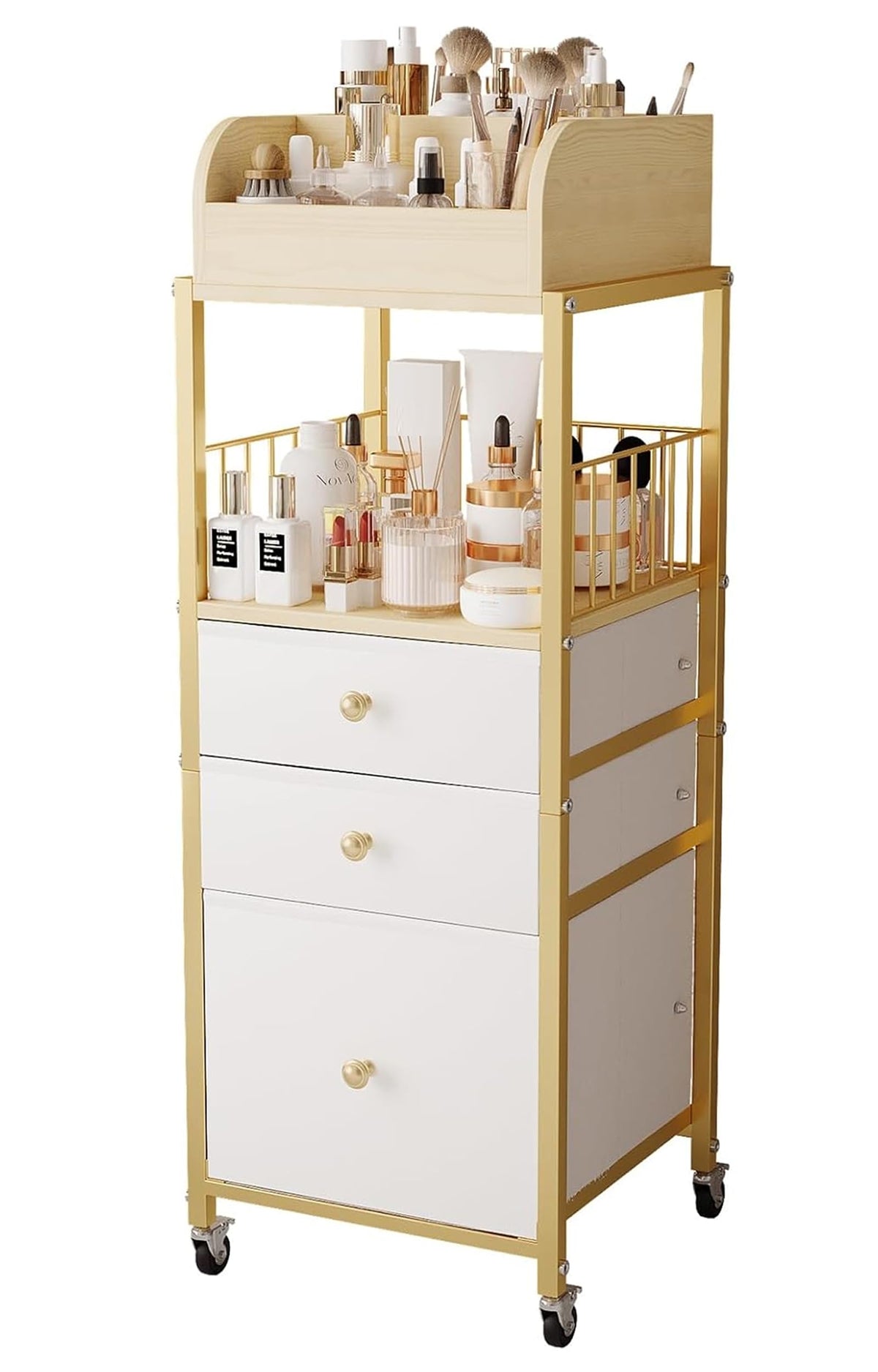 ZQUYAJ makeup organizer cart top divisional display keeps cosmetics within easy reach.