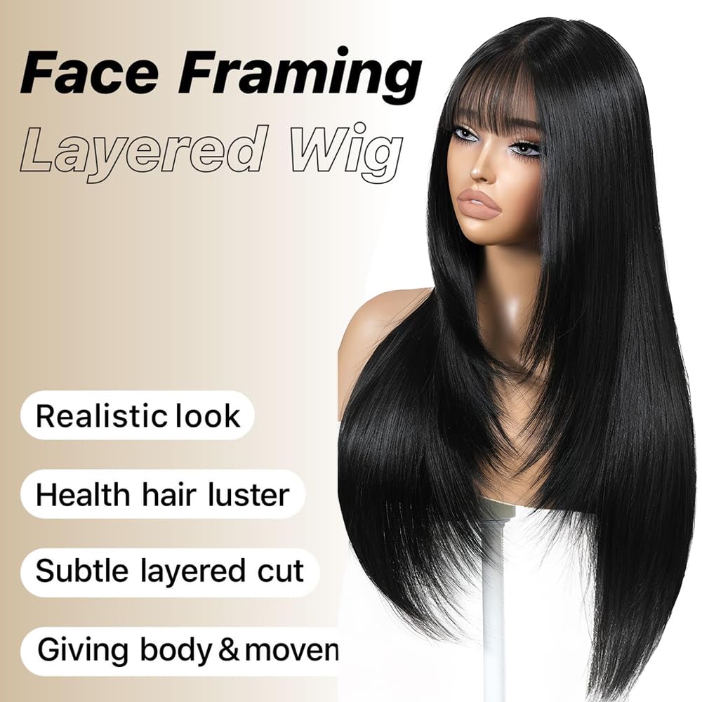 ZRLK black wig with bangs close-up—bangs frame the face for flattering silhouettes.