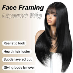 ZRLK black wig with bangs close-up—bangs frame the face for flattering silhouettes.