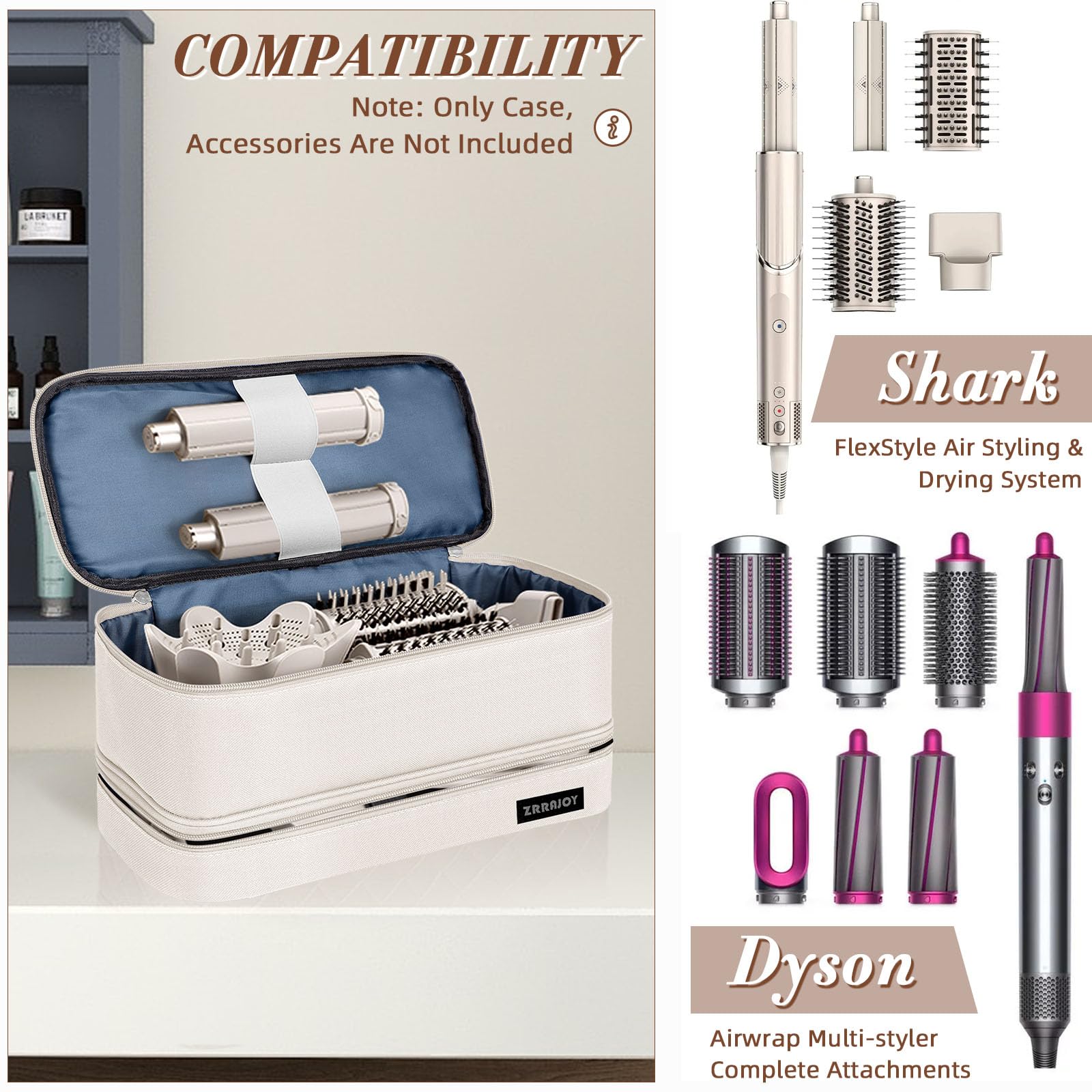 ZRRAJOY Shark Flexstyle case accommodates Dyson Airwrap attachments for versatile styling on the go.