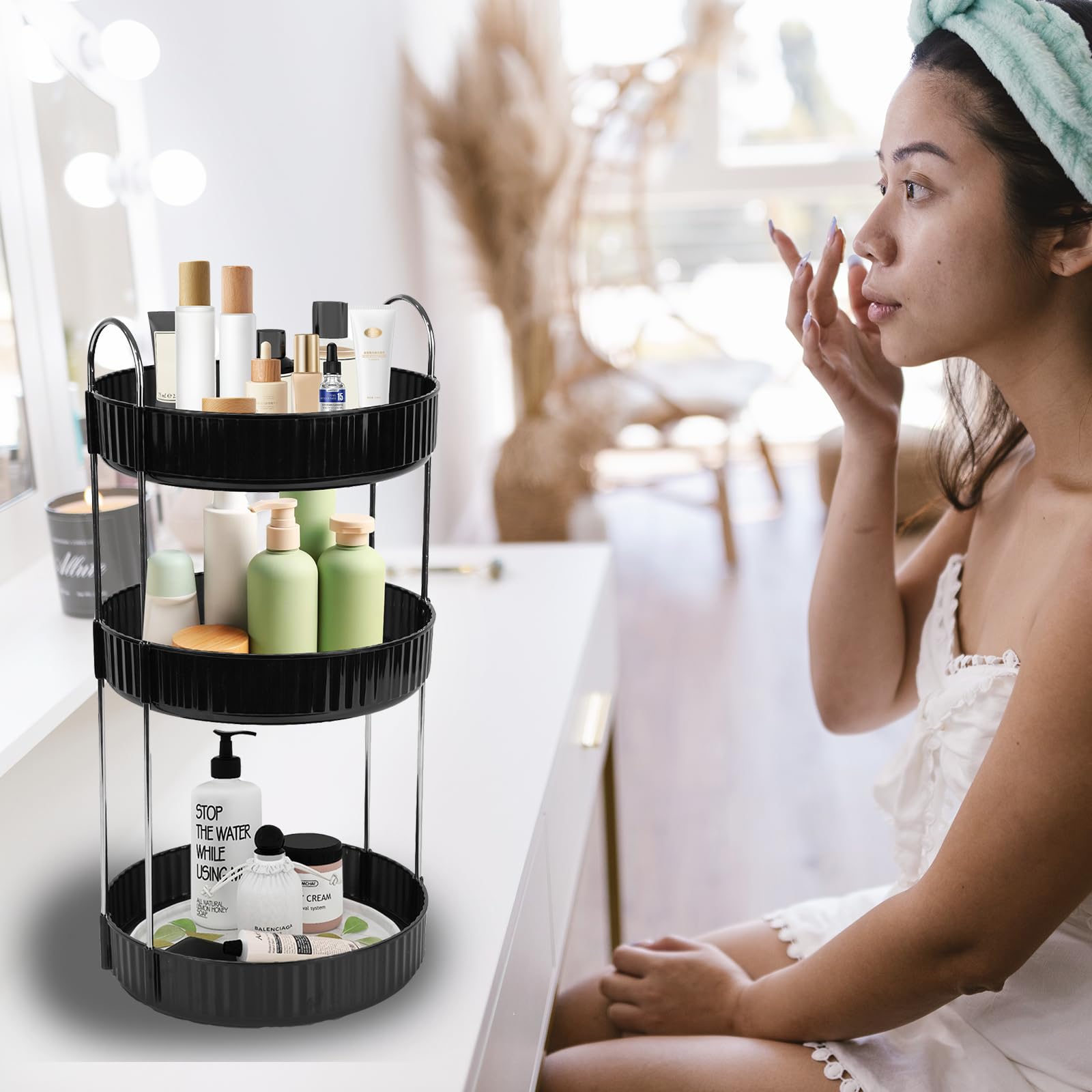 Zufudo black rotating makeup organizer on countertop enhances accessibility and displays neatly.