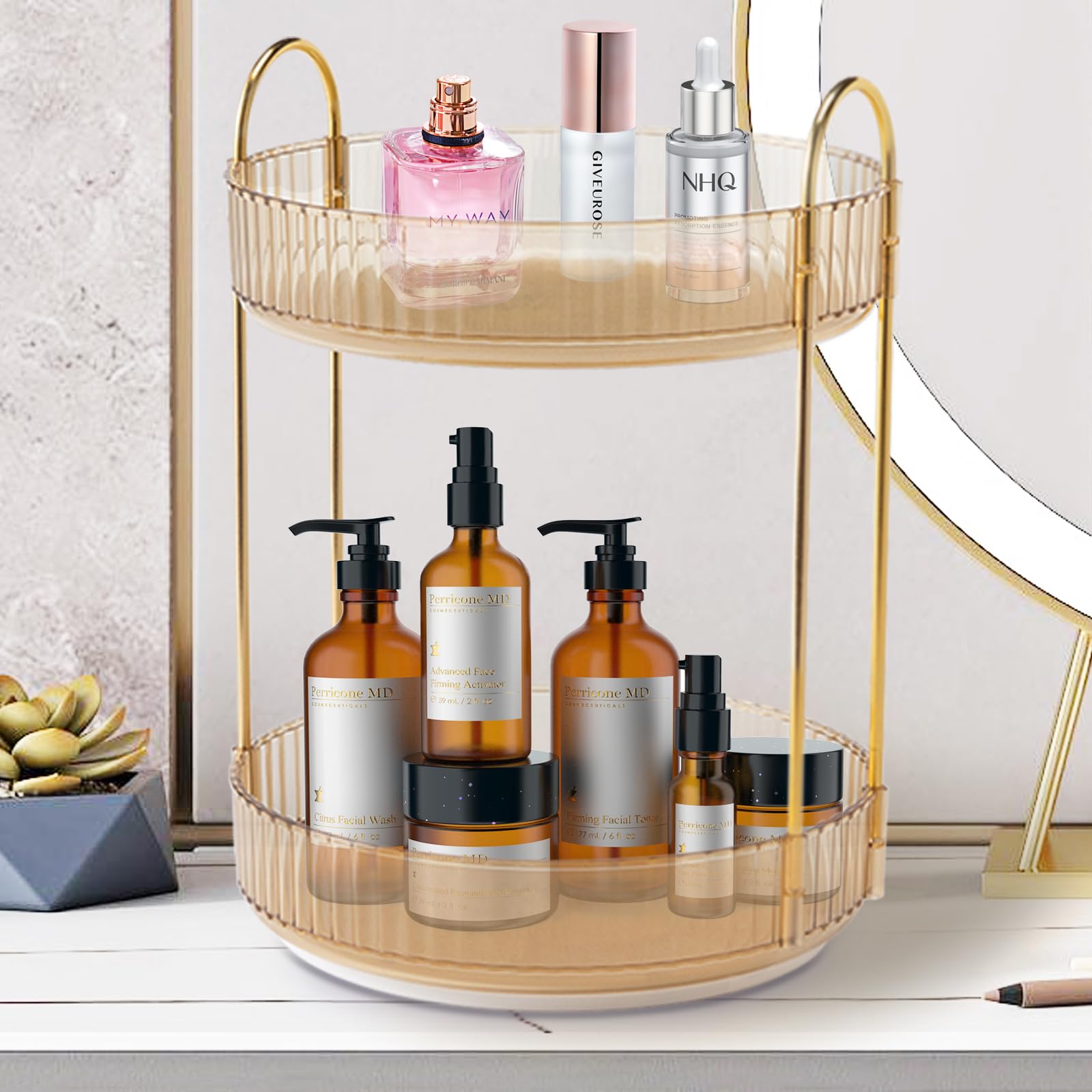 Zufudo amber-gold finish adds warm accent to vanity decor.