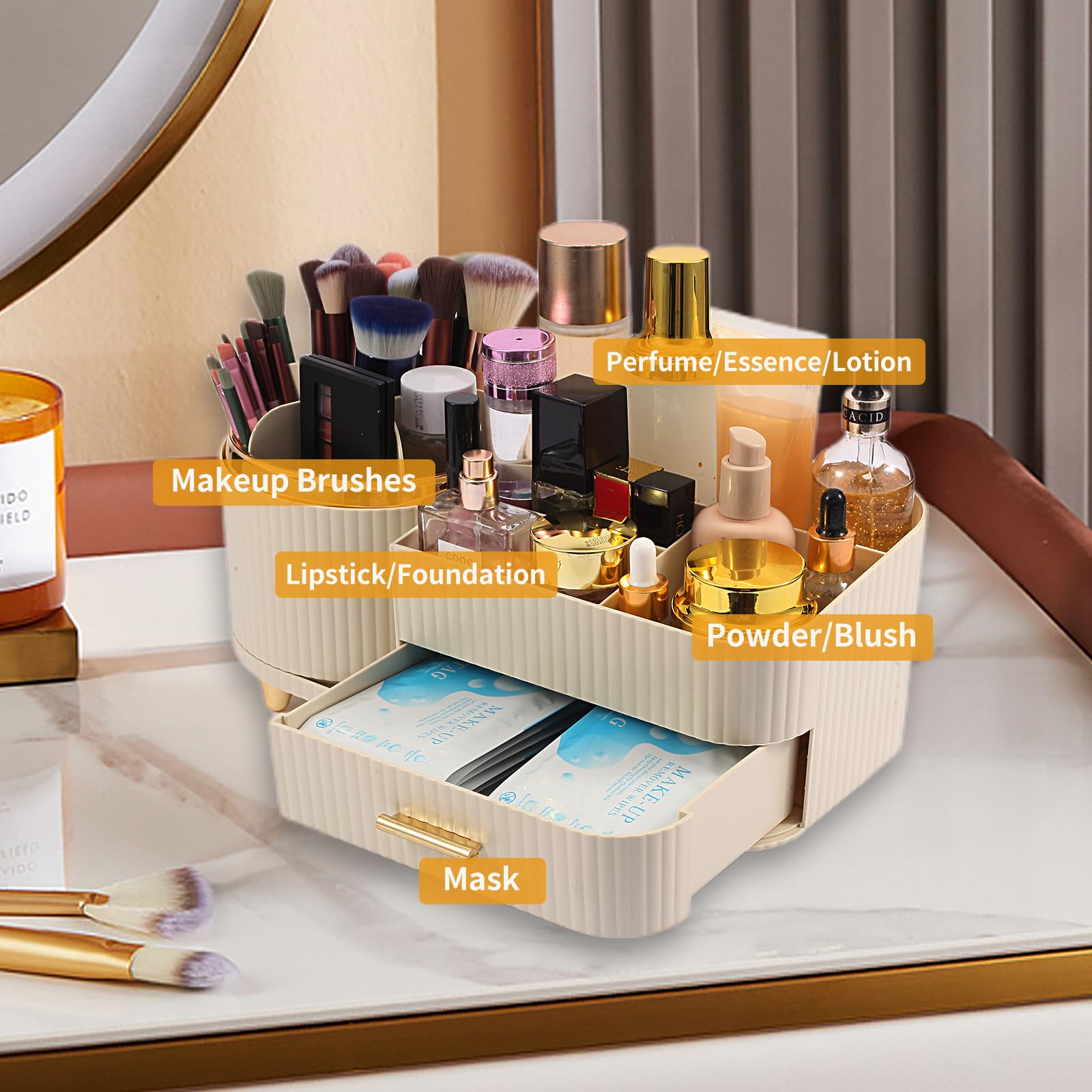 Zufudo Model 3016 Cream right compartment fits serums, sunscreens, and palettes for tidy vanity.