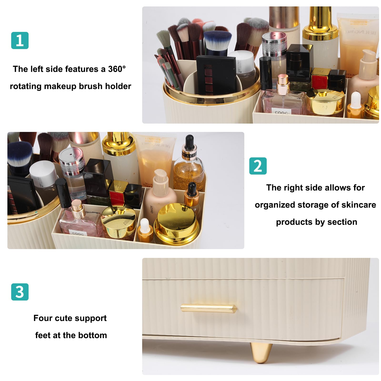 Zufudo Model 3016 Cream vanity setup showing compact, organized countertop storage.