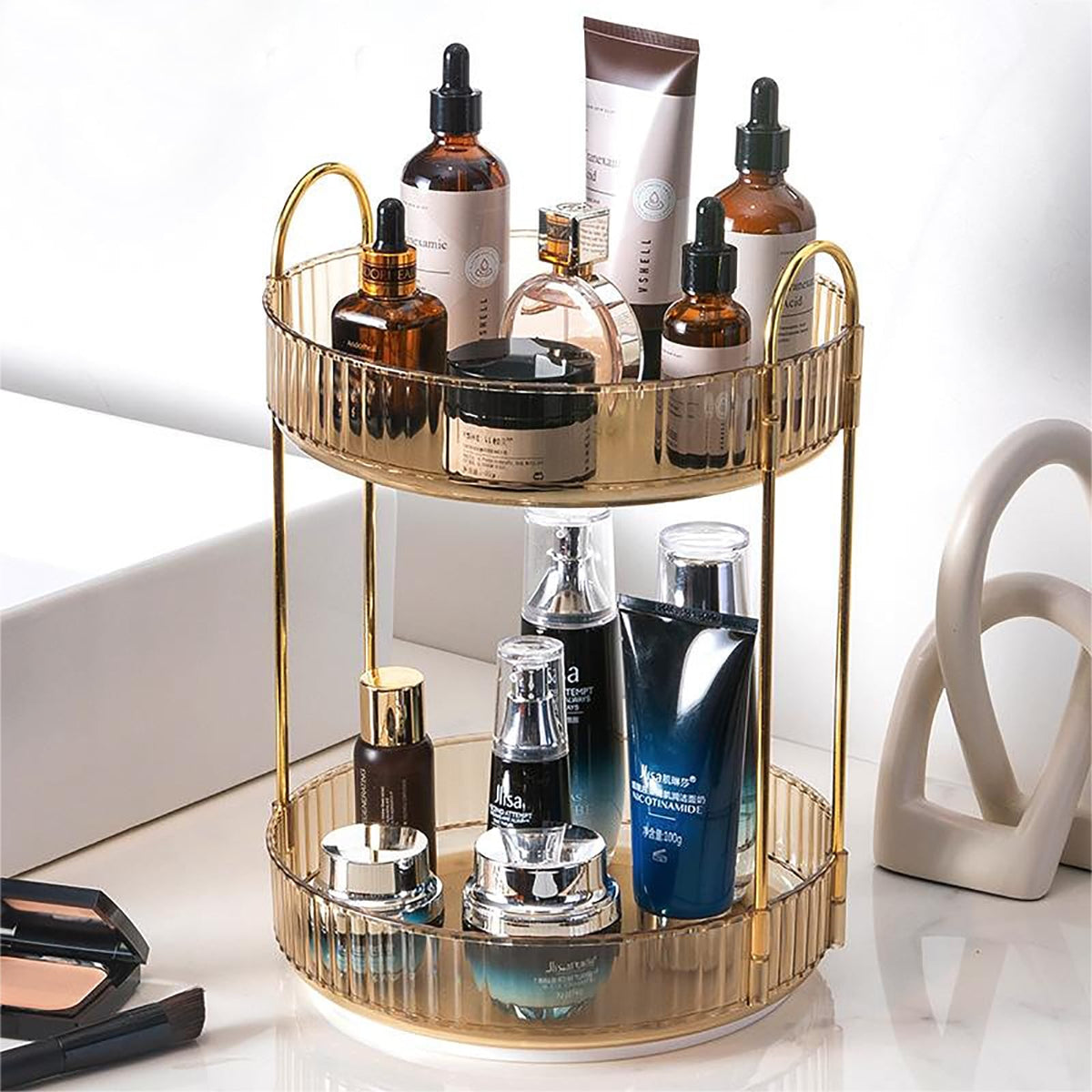 Zufudo rotating makeup organizer 2-tier Amber Gold for easy vanity access and display.