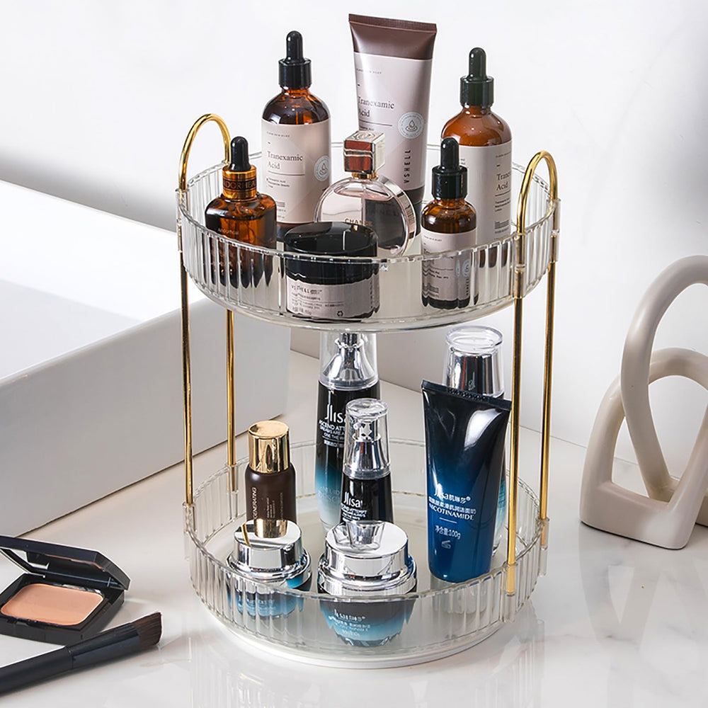 Zufudo rotating makeup organizer top view highlights quick cosmetic access for a tidy vanity