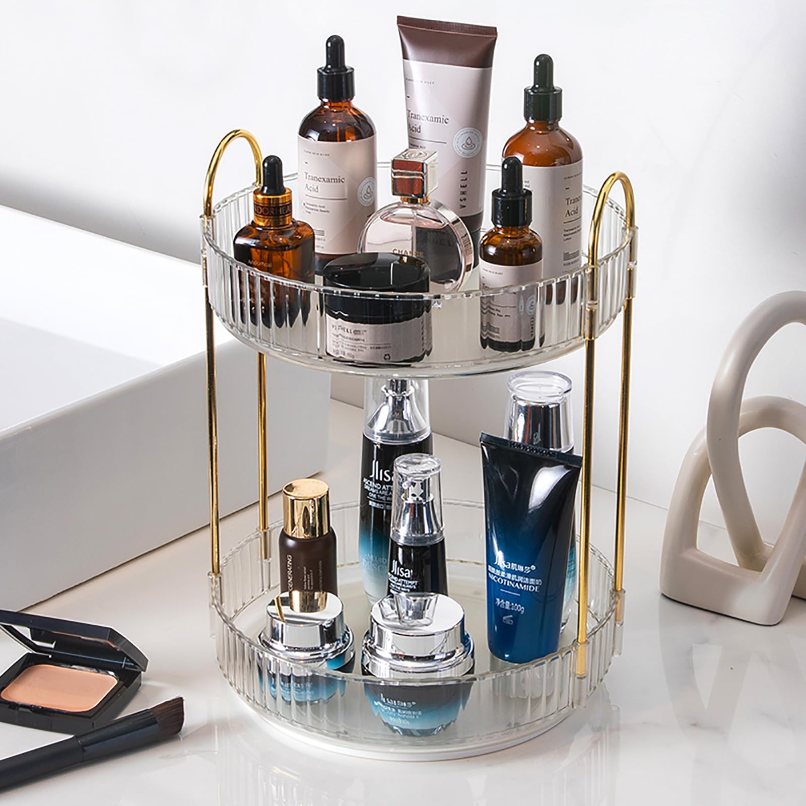 Zufudo rotating makeup organizer 2-tier for quick access to cosmetics