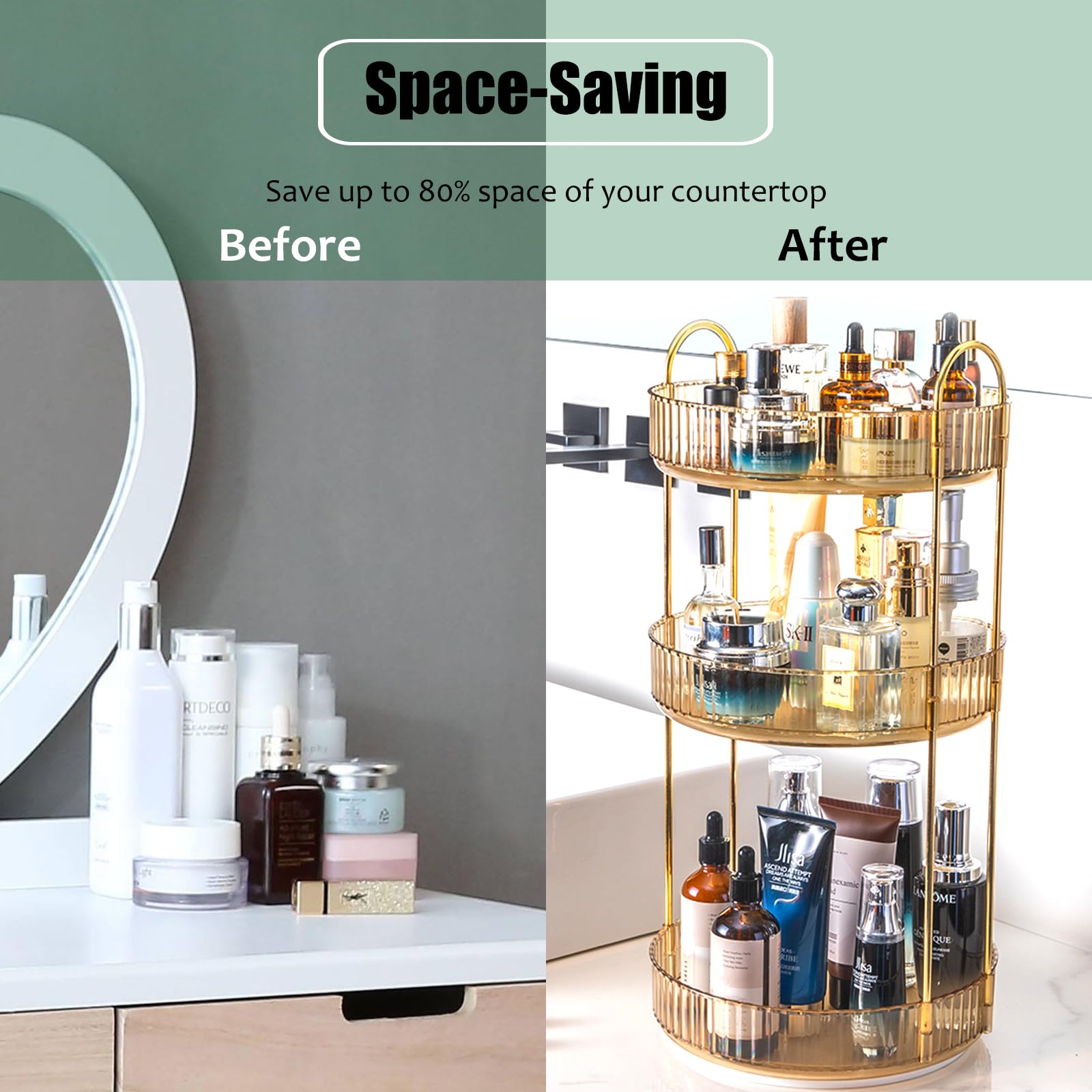 Zufudo rotating makeup organizer perfume bottles neatly arranged for quick access.