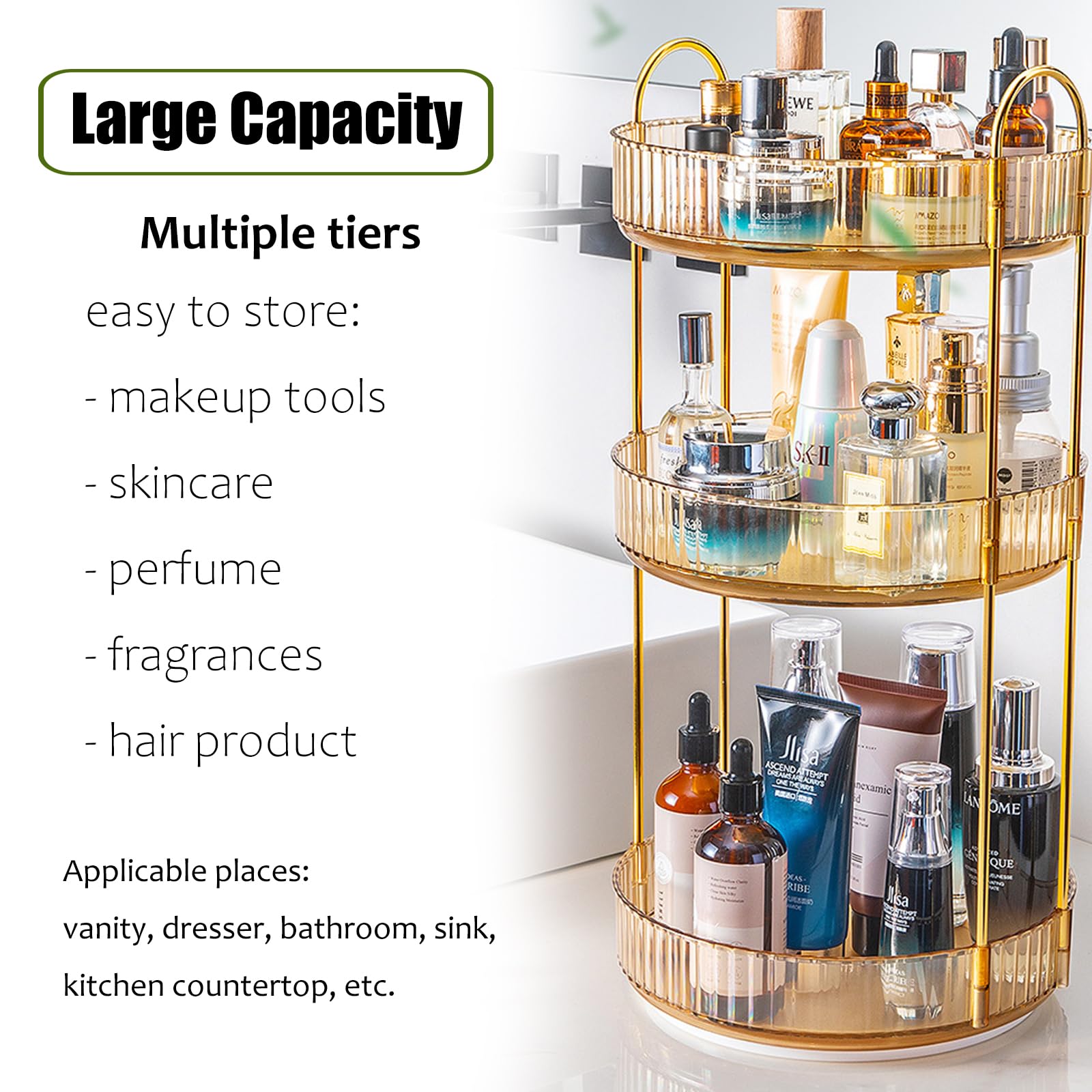 Zufudo rotating makeup organizer stacked storage keeps perfumes and nail polish organized.