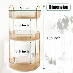 Zufudo rotating makeup organizer on vanity, easy access to skincare and cosmetics.