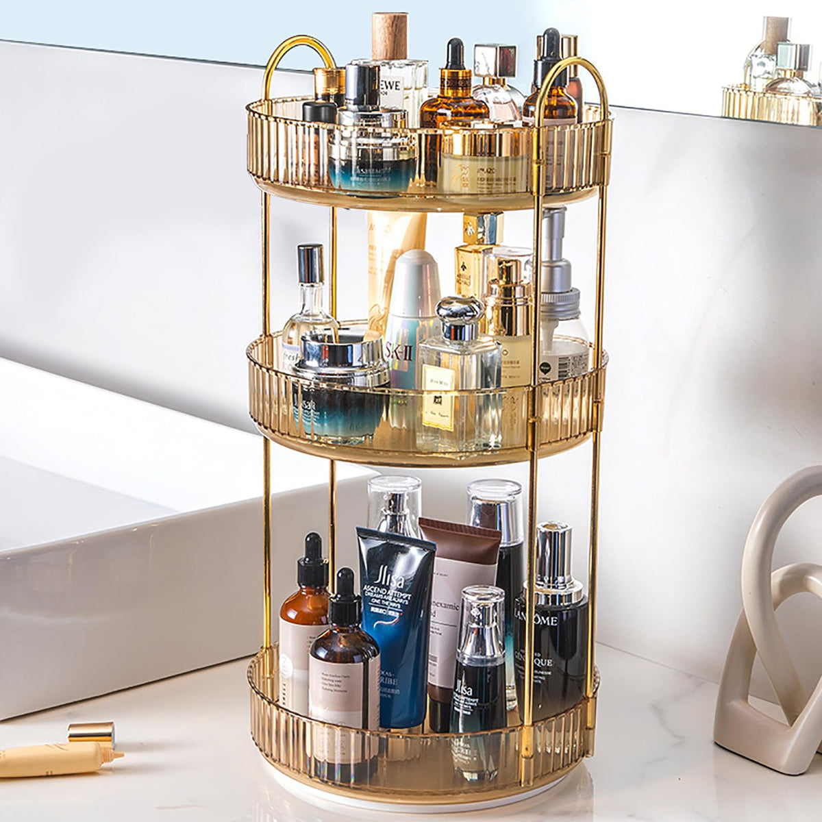 Zufudo rotating makeup organizer wide shot for compact vanity storage and easy access.