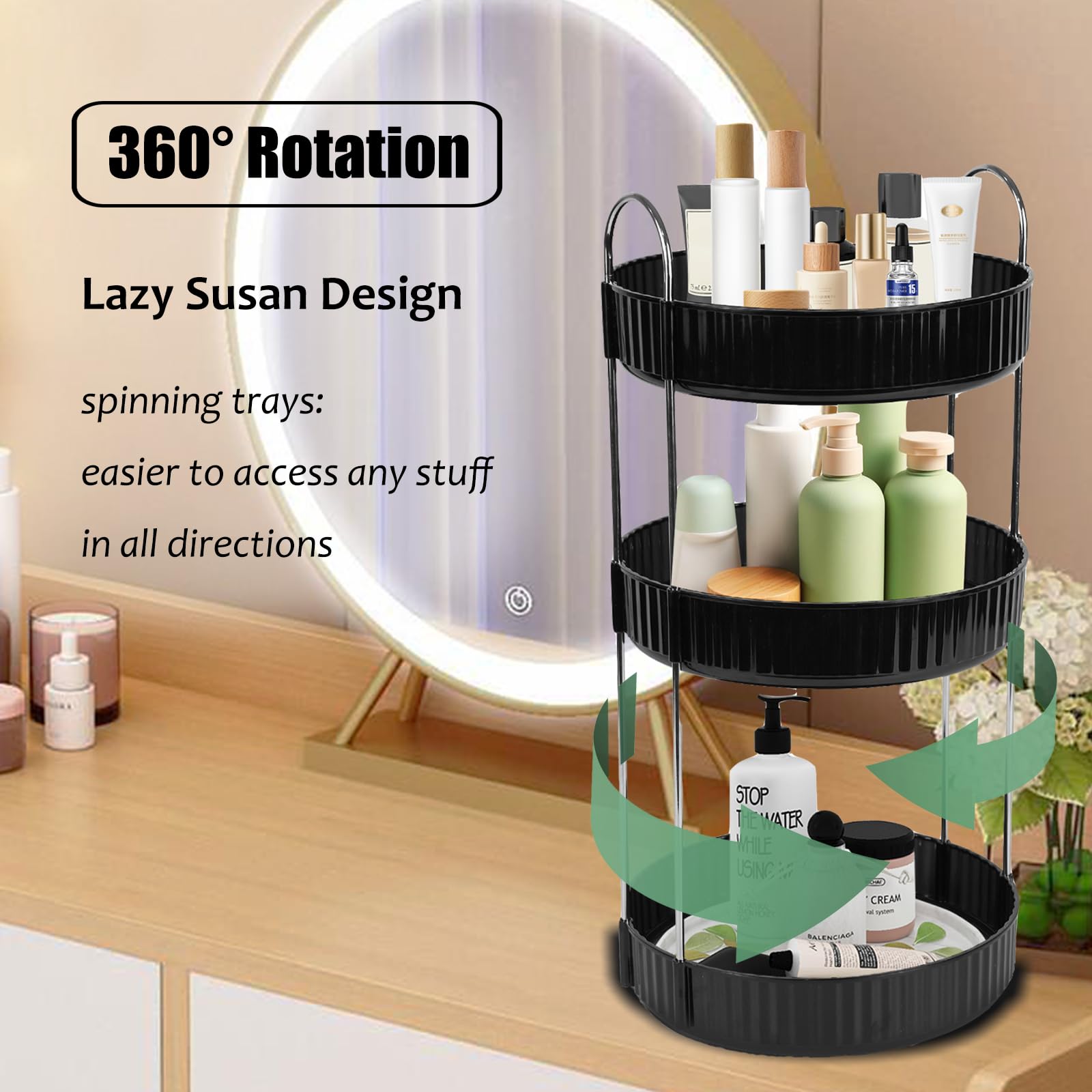 Zufudo rotating makeup organizer close-up of multi-tier trays demonstrates durable construction for daily use.