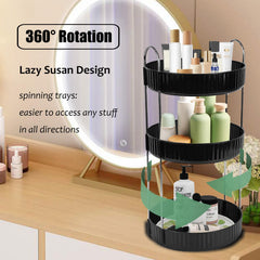 Zufudo rotating makeup organizer close-up of multi-tier trays demonstrates durable construction for daily use.