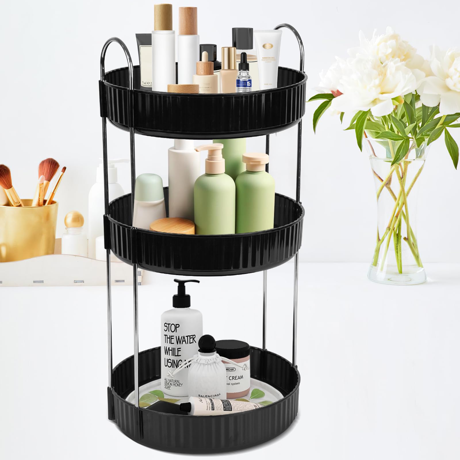 Zufudo rotating makeup organizer top view shows easy access and organized cosmetics.