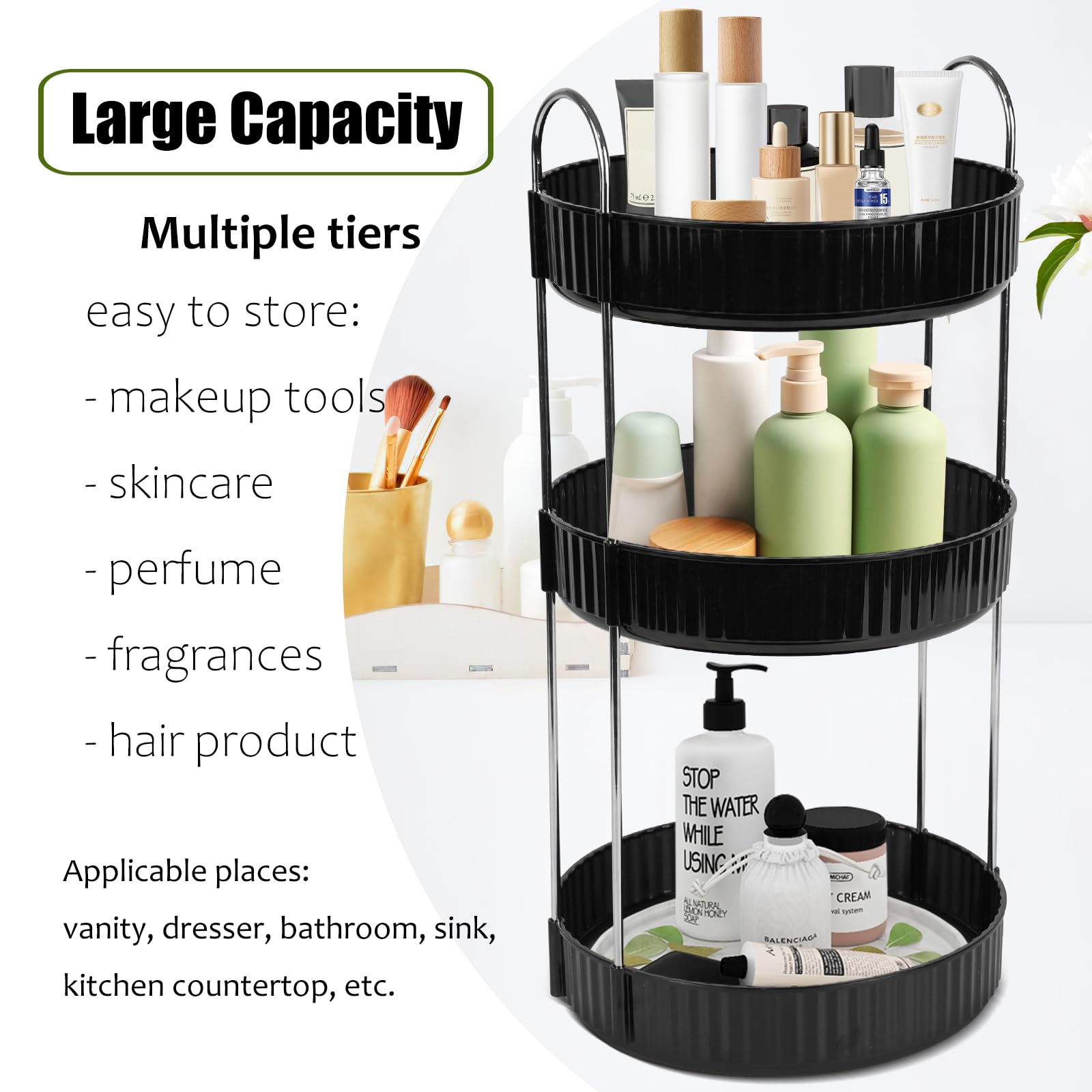 Zufudo rotating makeup organizer bathroom view underscores waterproof tray for easy cleaning.