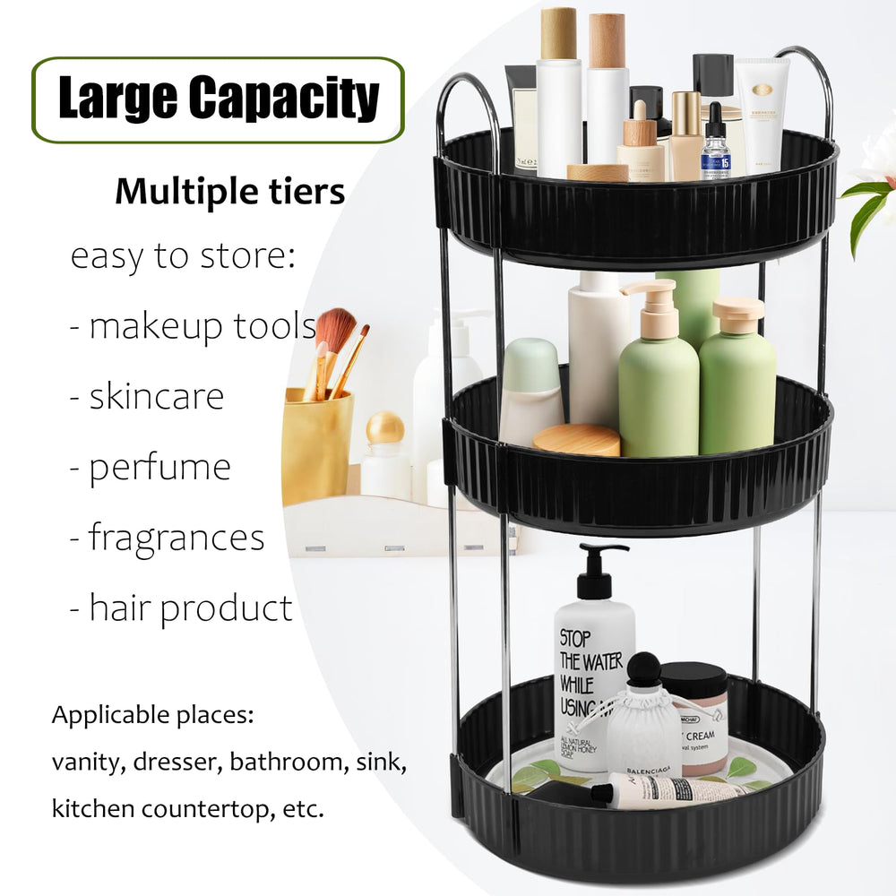Zufudo rotating makeup organizer bathroom view underscores waterproof tray for easy cleaning.