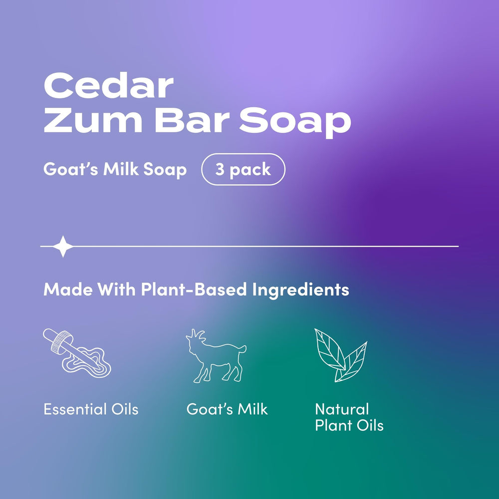 Zum Indigo Wild Goat Milk Soap Cedar label emphasizes mineral-rich goat milk benefits.